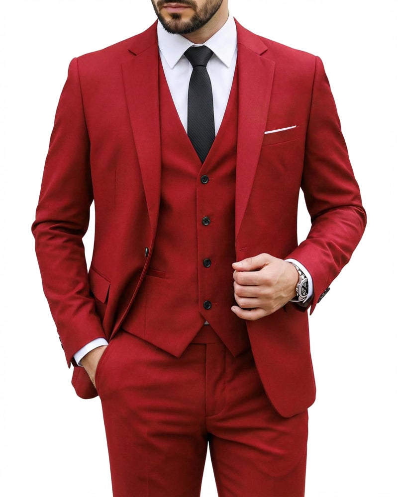 MYS MY'S Men's 3 Piece Suit Set with Tie, One Button Slim Fit Solid Jacket Vest Pants, Prom Party Wedding Business Suits for Men, Red X-Small - Image 1